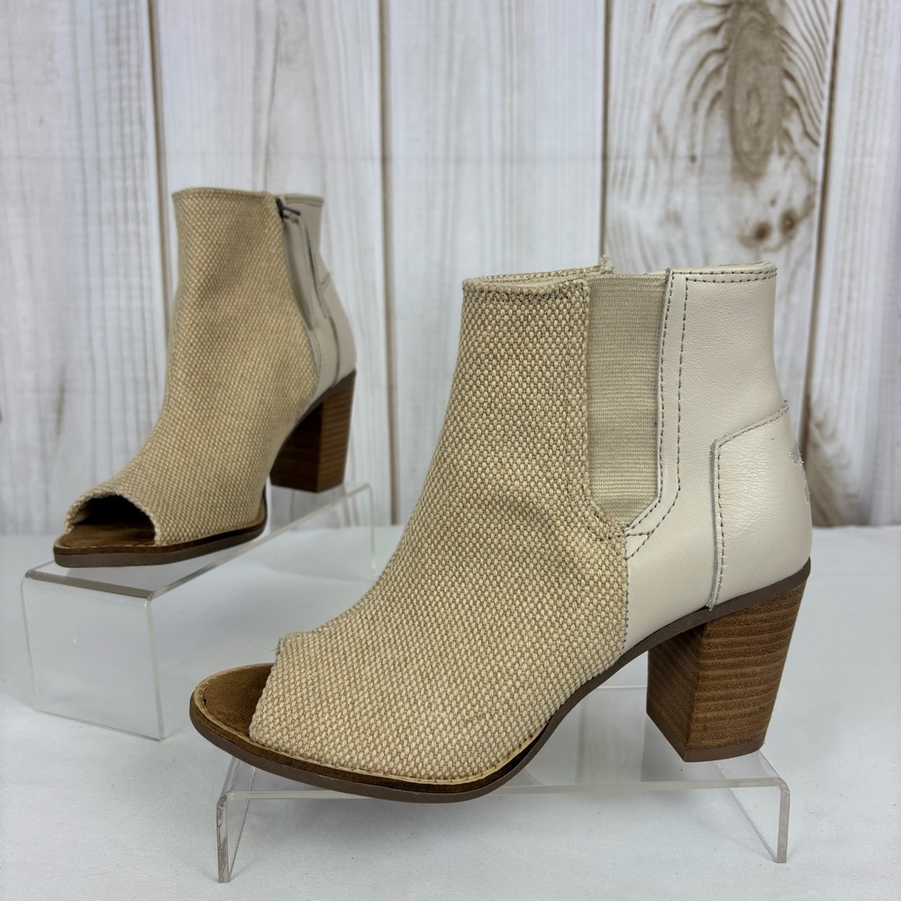 Toms Booties Leather Canvas Peep Toe Preppy Dressy Ankle Boots Tan Size 6.5